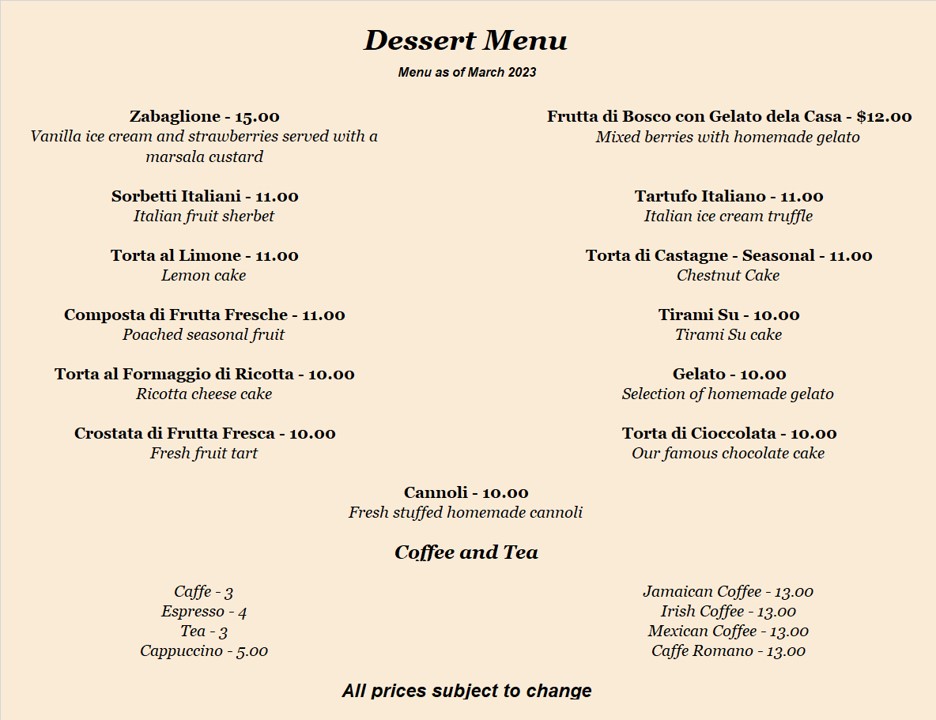 Dessert Menu